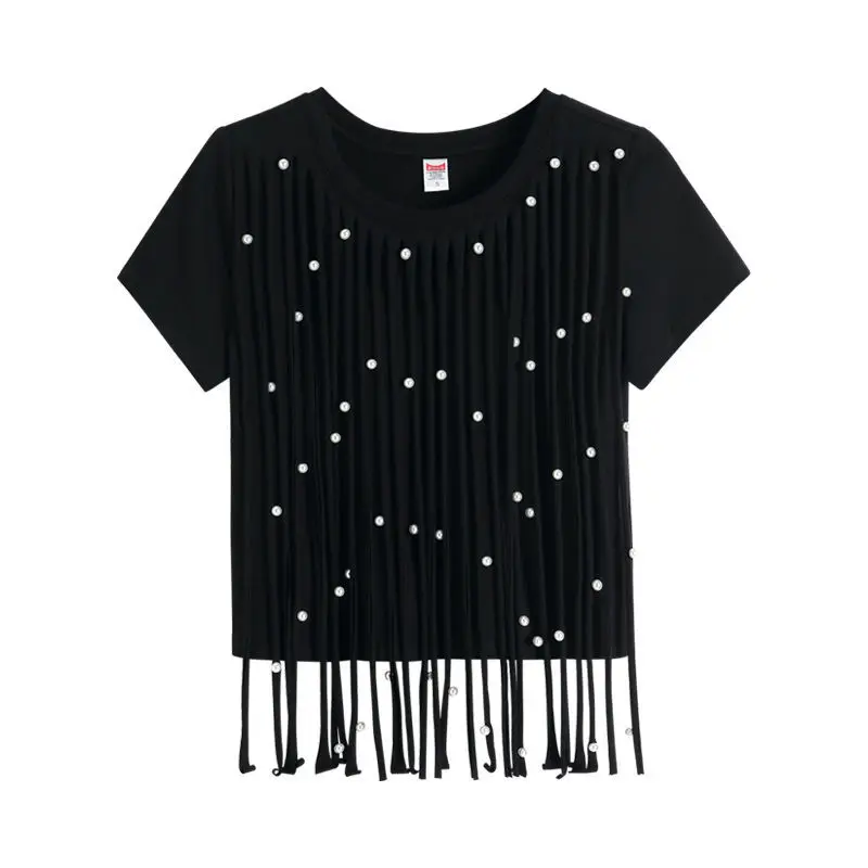 

Chic Women Black Tassels Beaded T-shirts Loose Pearls Short-sleeved Fringed Tees Navel Summer Girls High-waist Crop Tops 2022