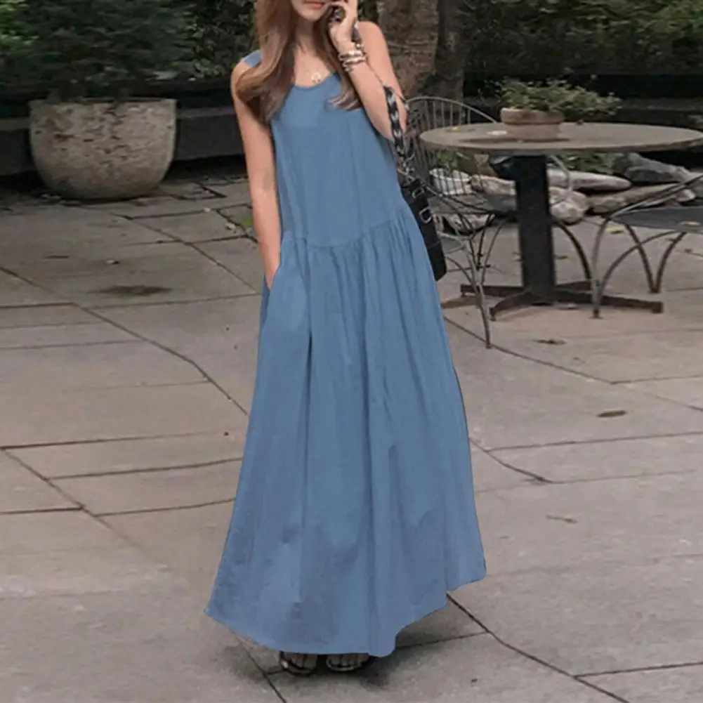Summer O-Neck Sleeveless Vest Dress Pleated Large Hem Pockets Loose Dress Solid Color Casual Maxi Dress