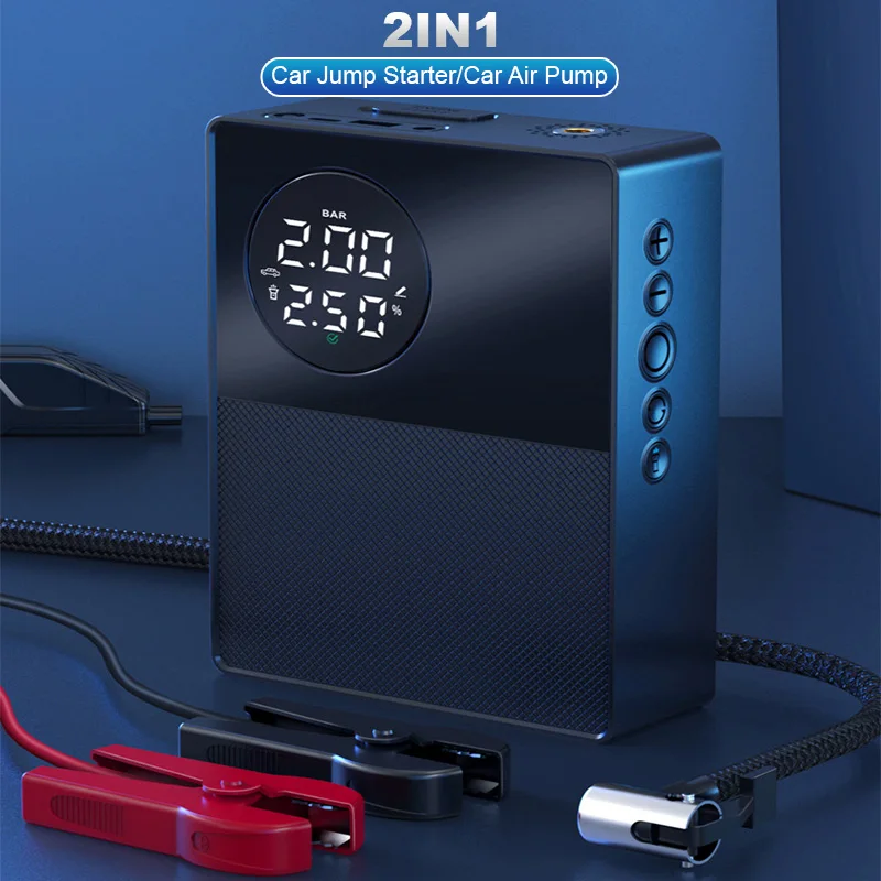 

2 In 1 Car Jump Starter Dual Screen Digital Display Portable Inflator Pump Air Compressor Power Bank Car Emergency Power Supply