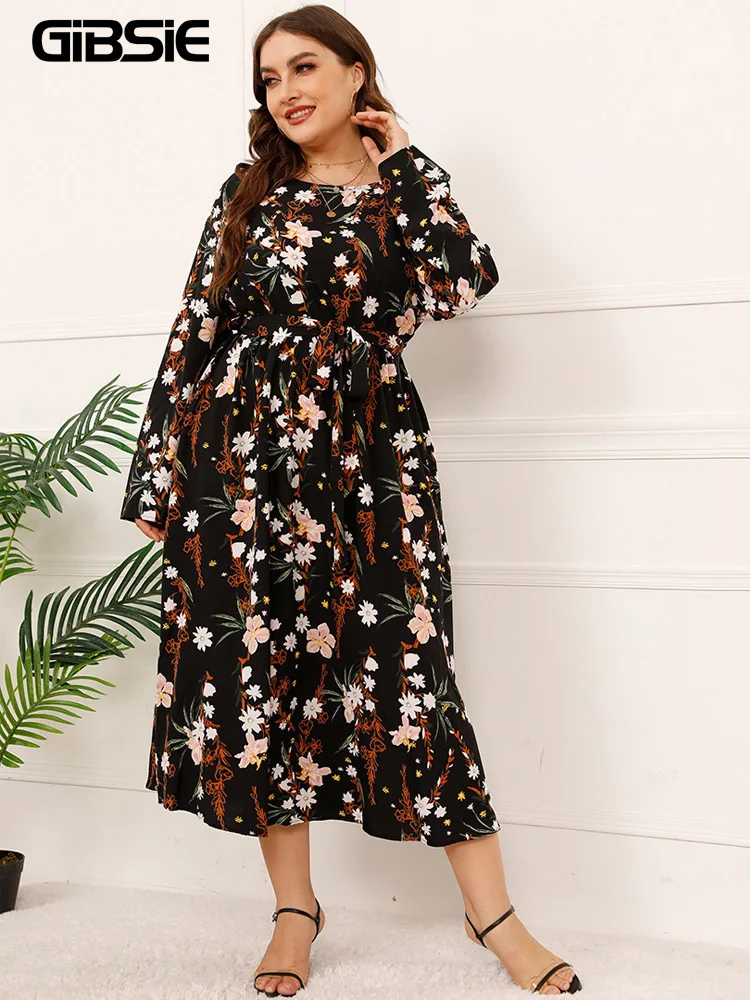 

GIBSIE Plus Size Floral Print O-Neck Belted Dress Women Autumn Long Sleeve Vacation Boho A-line Casual Long Dresses 2022 New