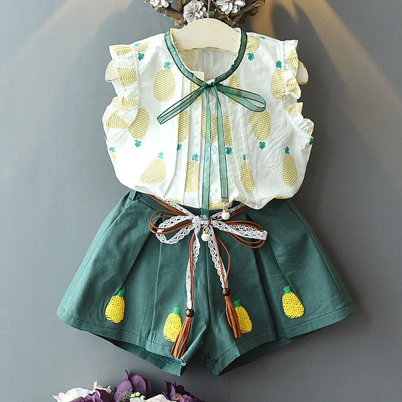 

New Summer Kids Clothing Casual Girl Printed Fruit Set Top + Pants 2 Pack Costume Ribbon Bow Set Toddler Girl Suit Clothes