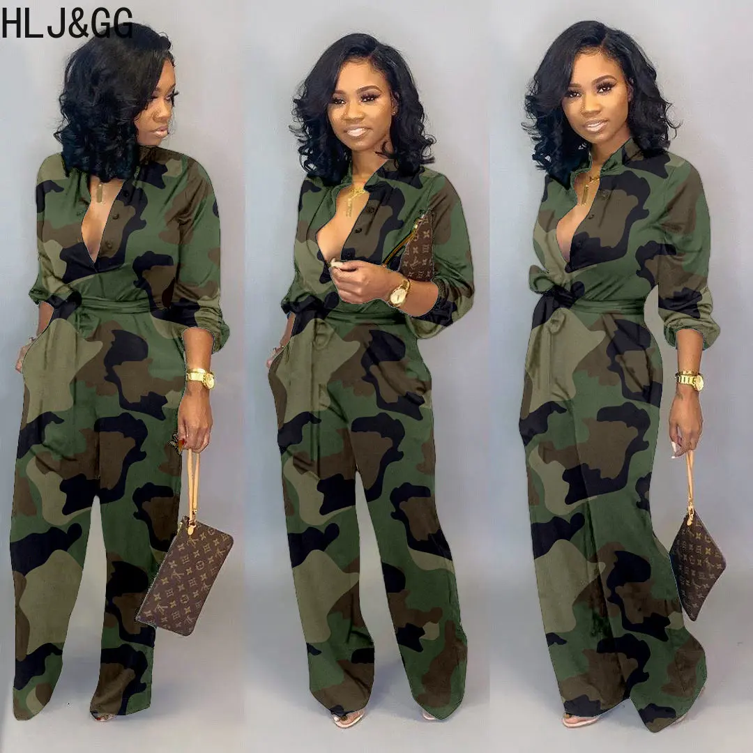 

HLJ&GG Fashion Camouflage Print Lace Up Jumpsuits Women Turndown Collar Button Long Sleeve Palysuits Fall Winter Casual Rompers