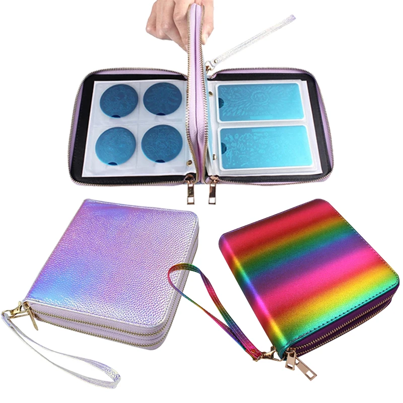 

120Slots Double Zipper Rectangular Nail Art Stamping Plates Holder Storage Bag Cases Stamp Bag Organizer Laser Silver/Rainbow