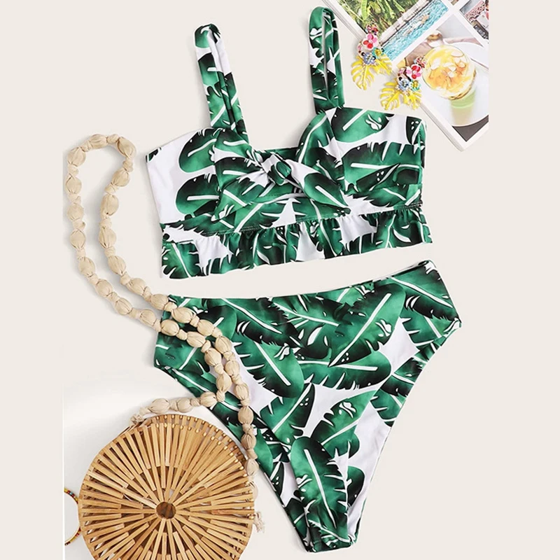 

Women's Leaf Print Double-Sided Fabric Bikini Sexy High Waist Small Fresh Swimsuit Green