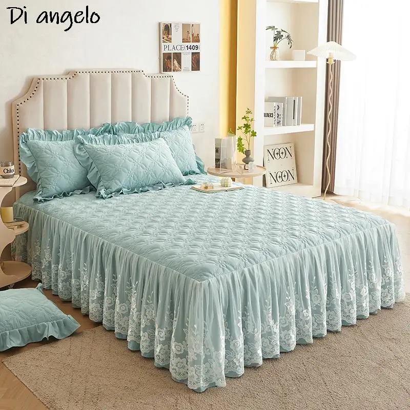 

Thickened Embroidery Pure Cotton Lace Quilting Bed Skirt Pillowcase Mattress Cover Double King Home Decor Textile Multi Color #/