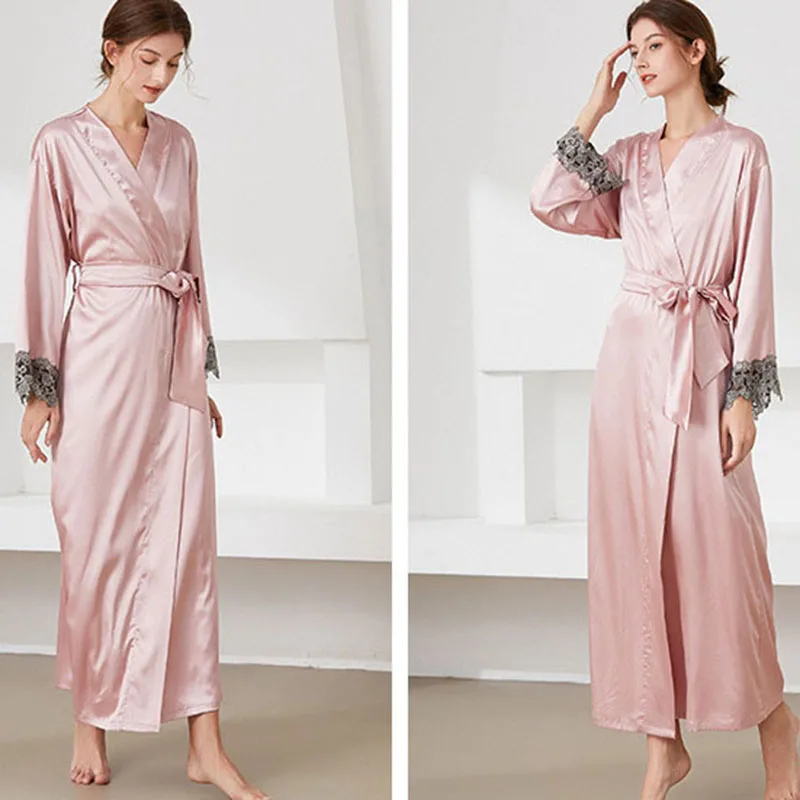 Women Women Silk Long Sleeve Surplice Nightgown Dress with Belt