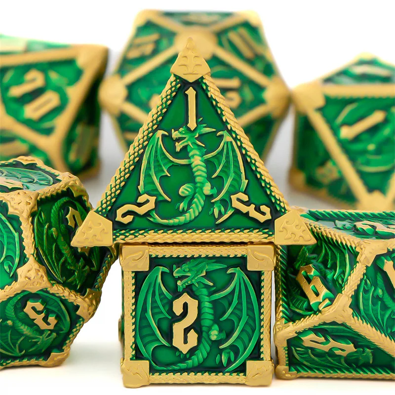 

OUKELANWO 7 Pcs Metal DND Handmade Dice Set Dungeon And Dragon Polyhedral Dice Set Green RPG Role Playing Dice