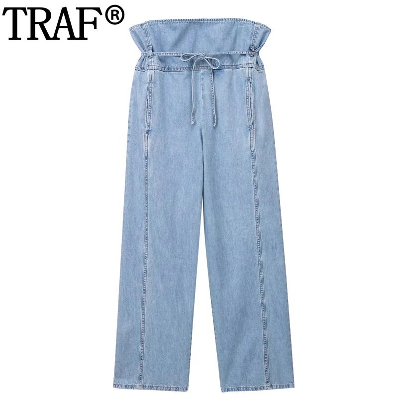 

TRAF 2023 Blue Jeans Women Paperbag Baggy Pants Woman High Waist Casual Denim Pants Women Y2k Streetwear Women's Trousers
