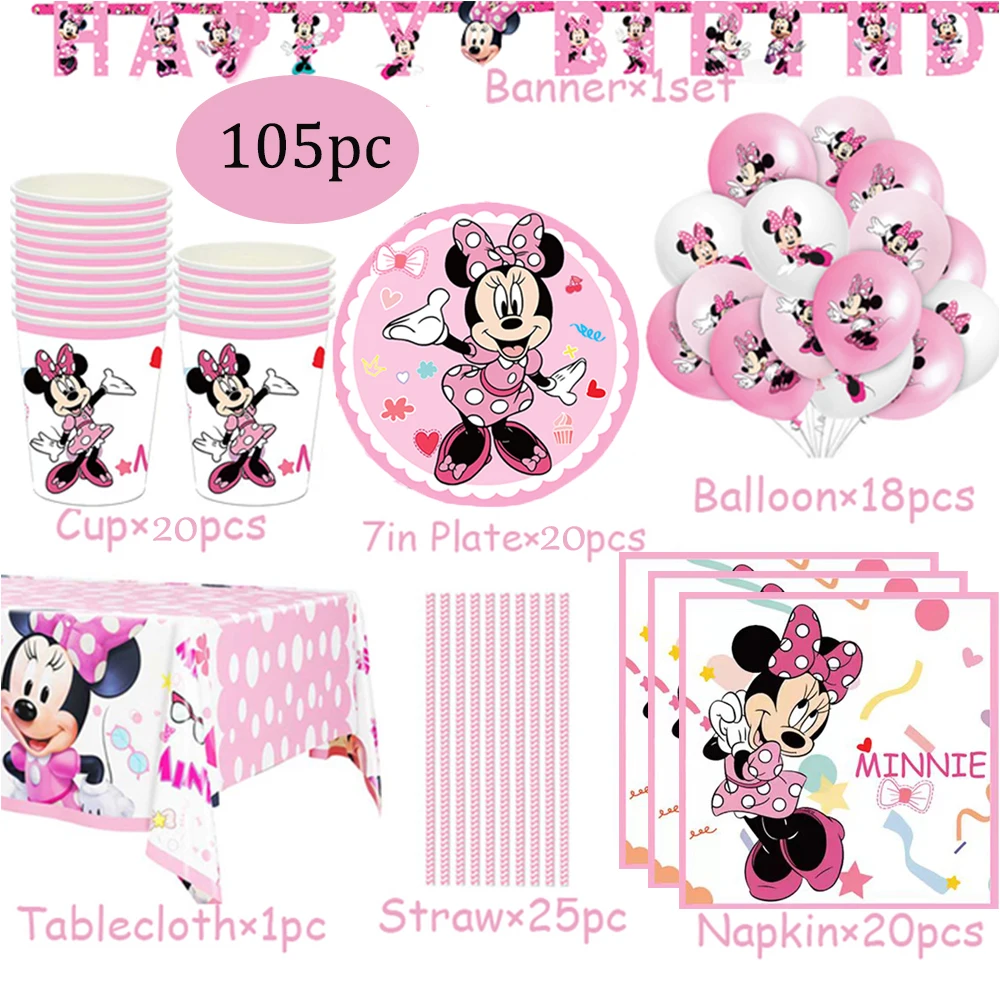 

105pcs Disney Minnie Party Supplies Disposable Tableware Set Birthday Party Decoration Paper Plates Cups Napkins Straws Girl Toy
