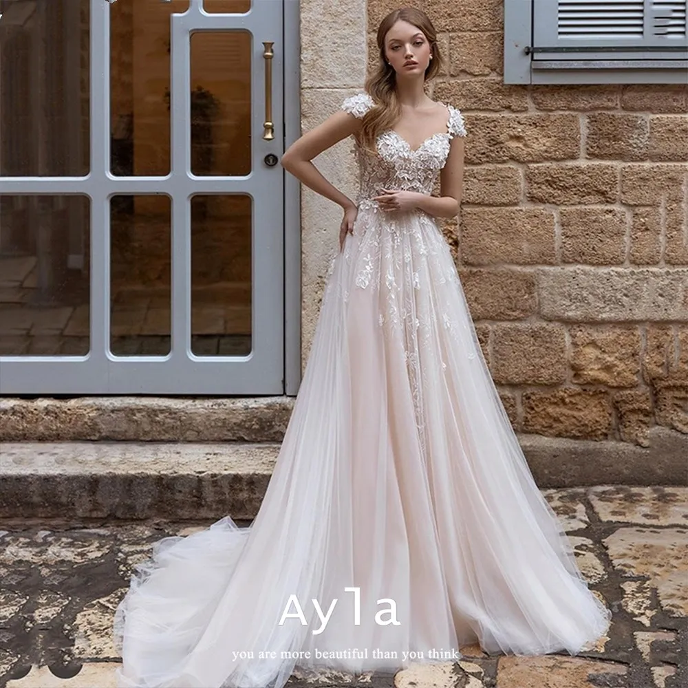 

Grace A-line Wedding Dress With Lace Applique Bride Dress Boho Bridal Gown Very Fluffy Bride Robe Vestidos De Novia