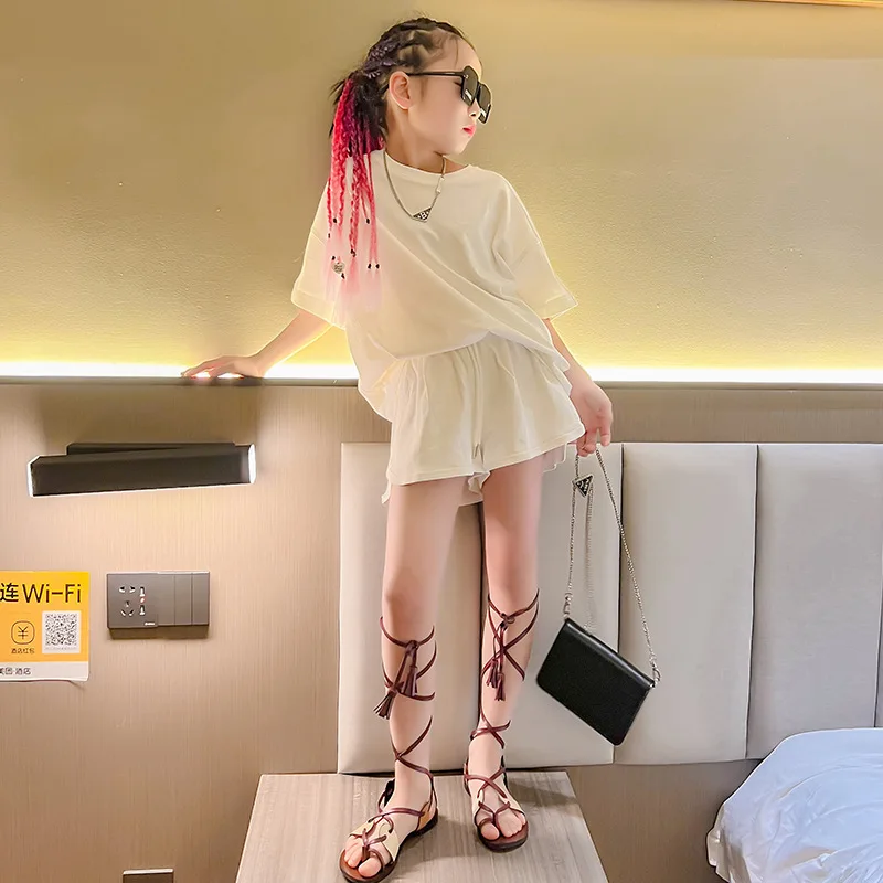 

Kids Clothes Sets for Girls Summer Short-sleeved Tracksuit Back Hollow Out T-shirt Shorts Teen Fashion Children Clothing Outfits