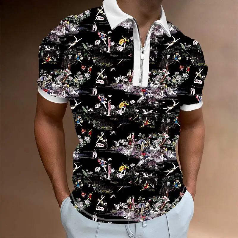 

Flowers Stripe Solid Colors 3D All Over Printed Zipper Polo Shirt Summer Streetwear Casual Short Sleeve Hipster Men Clothing