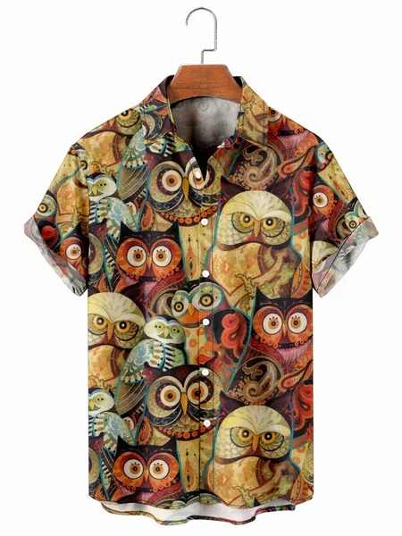 

Mens Owl Print Casual Breathable Short Sleeve Hawaiian Shirts