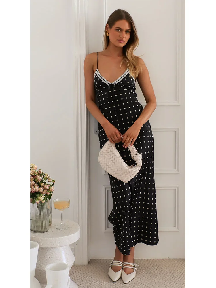 Chicheca Летнее винтажное платье в горошек для женщин с v-образным вырезом на тонких