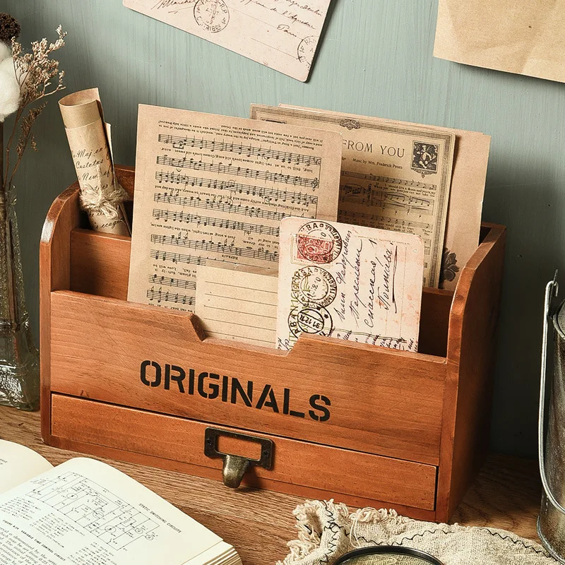 Creative Vintage Wooden Home Office Document Letter Rack Storage Holder Desk Organizer with Drawer