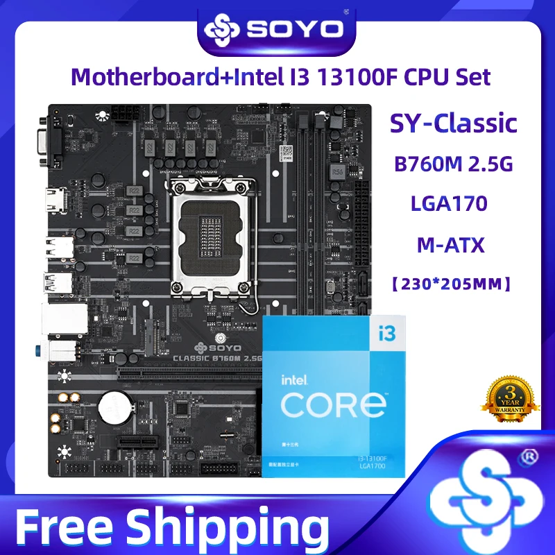 SOYO Classic B760M Motherboard with Intel Core i3 13100F CPU Processor Set Dual Channel DDR4 Gaming Motherboard for Desktop PC