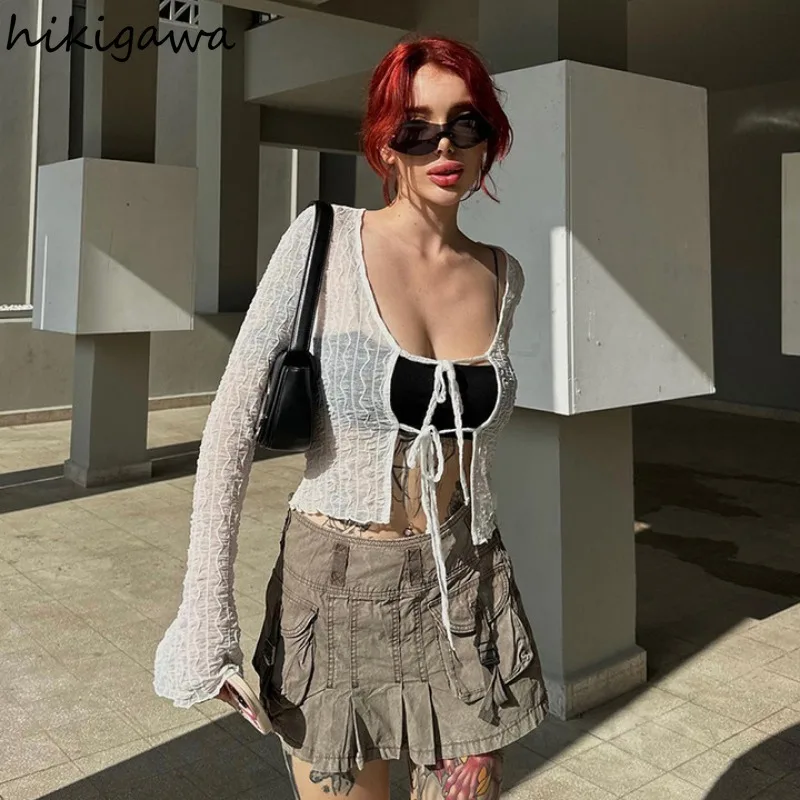 Женская прозрачная блузка с длинным рукавом летняя из газовой ткани Y2k 2024