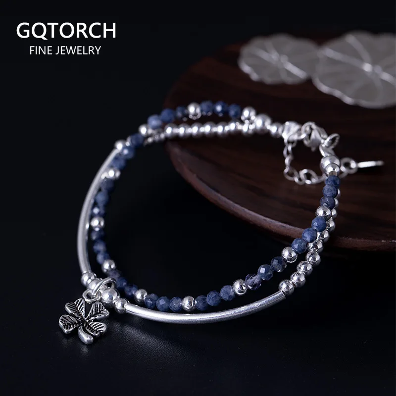 

925 Sterling Silver Bracelet Handmade Vintage Natural Cordierite Stone Bracelet With Charm Womens Meditation Yoga Bracele