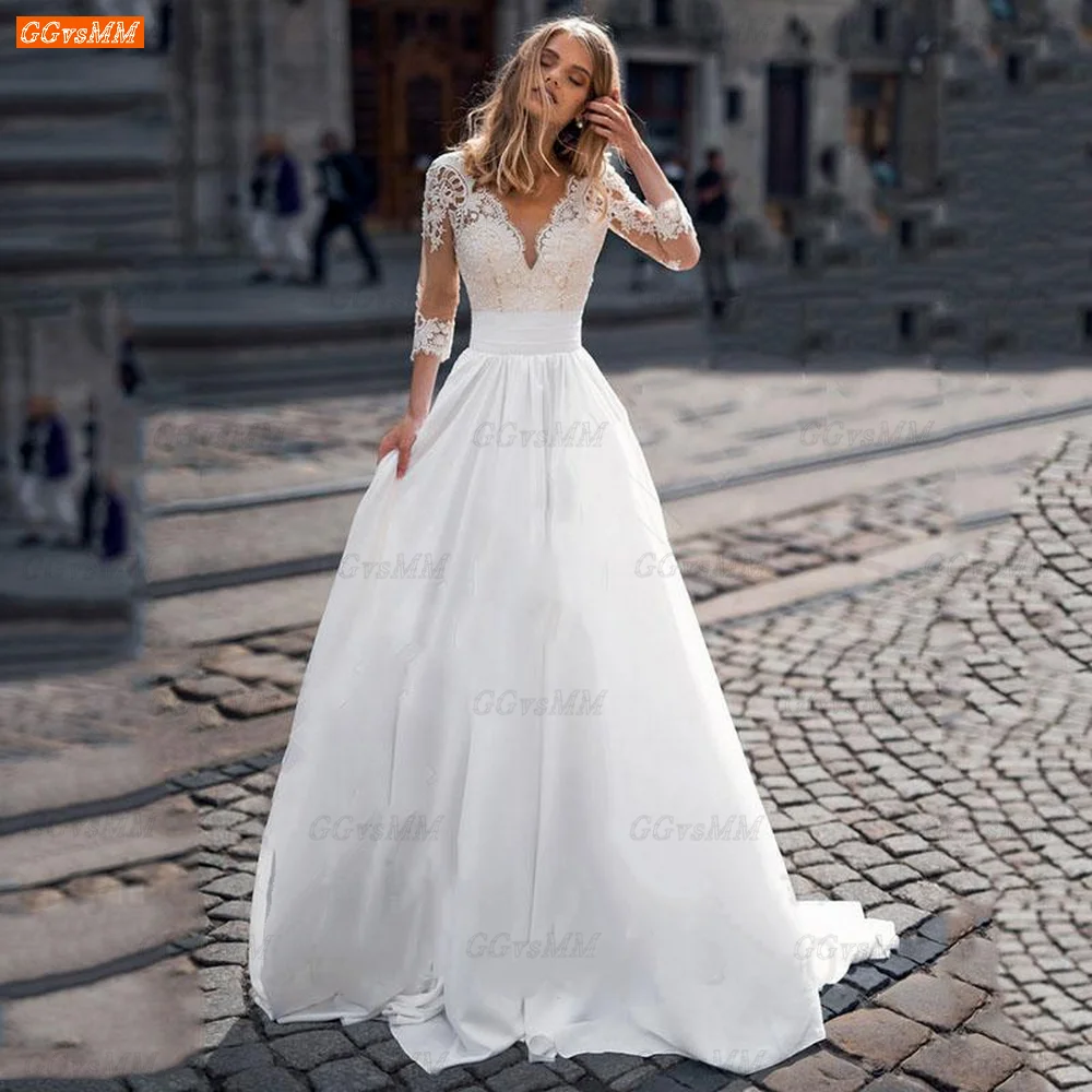 

GGVSMM Elegant Boho Lace Wedding Dress 2022 Robe De Mariage 3/4 Sleeves Modern Bridal Gowns Beach Satin Simple Vestido De Noiva