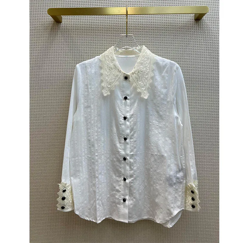 

22 Spring Runway Women Shirt Solid Lace Cotton Linen Fabric Blouse Fashion Long Sleeve Turn Down Collar Single Breasted Lady Top