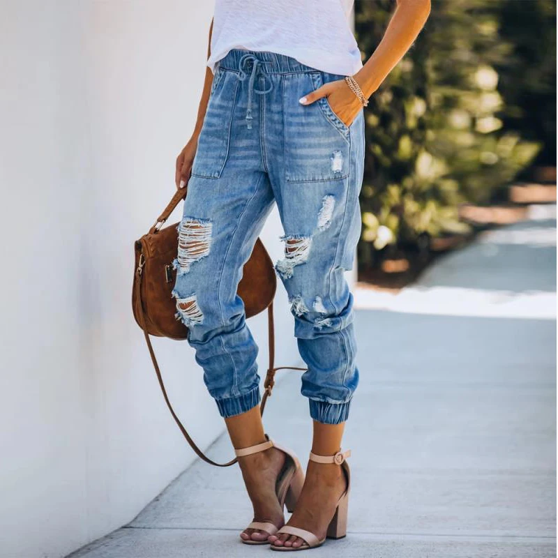 High Waist Elastic Waist Lace Up Big Pocket Trousers with Holes Autumn Straight Ripped Women's Jeans Female Cords Denim Pants