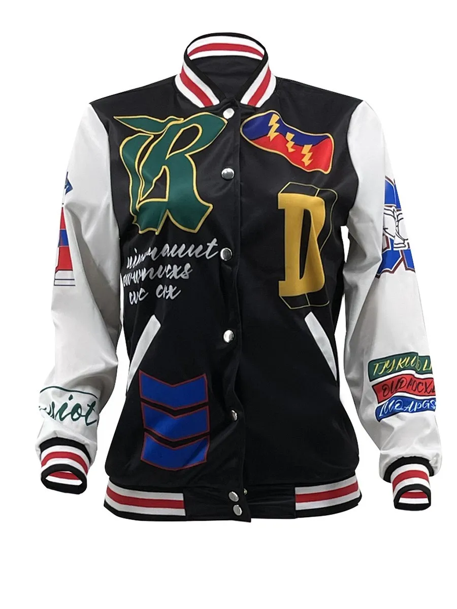 

LW Plus Size Varsity Jacket Women Letter Decor Patchwork Long Sleeve Racing Jacket Coat Winter Clothes Vintage Women Bomber Jac