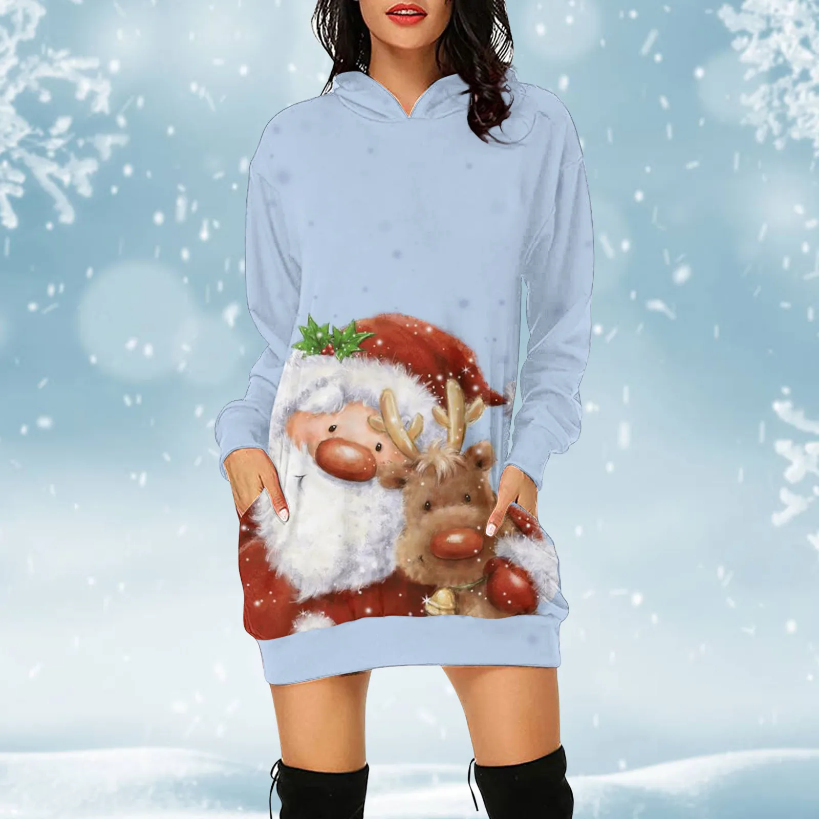 

Women Hooded Sweatershirts Long Sleeve Christmas Printed Lightweight Oversized Midi Pullover Christmas Dress Women 2023 Vestido