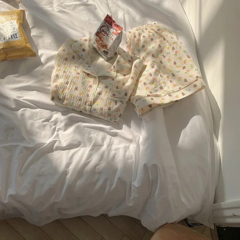 2pcs Women Pajamas Floral Sweet Bear Print Short-sleeved Single-breasted Lapels Top Causal Shorts Loungewear Suit Woman Pyjamas