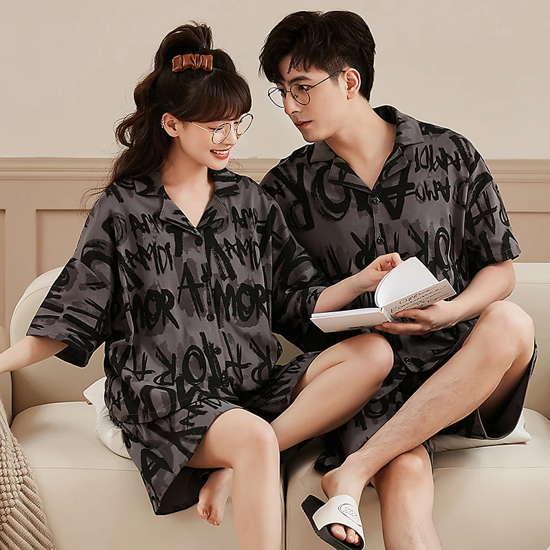 CAIYIER Cotton Couple Pajamas Set Summer Cardigan Short Sleeve Soft Men &Women Loungewear Sweet Cartoon Dinosaur Lover Nightwear