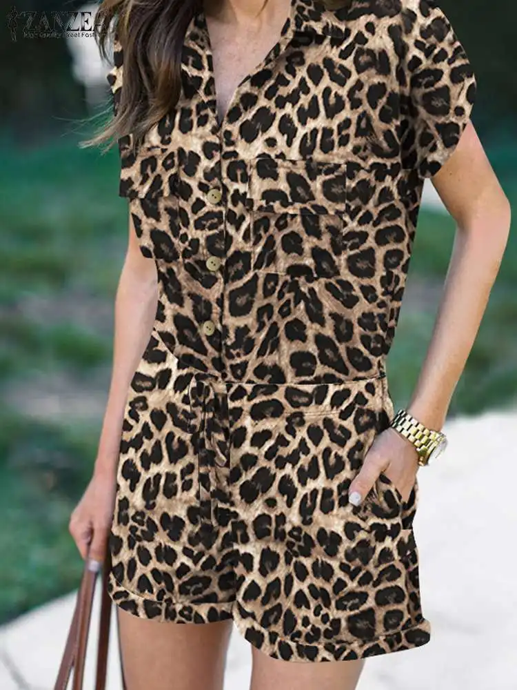 

Bohemian Women Leopard Printed Rompers ZANZEA Summer Jumpsuits Casual Lapel Neck Short Sleeve Holiday Overalls Beach Playsuits