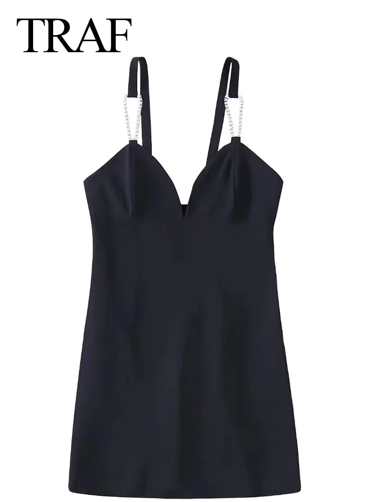 

TRAF High Street Fashion Advanced Rhinestone Element Sling Lady Dress Charming Black Sexy V-Neck Slim Short Women's Dress