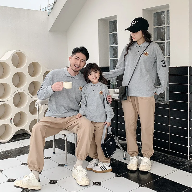 family matching outfits mother kidsJapanese spring men's treasure embroidered lapel Korean long-sleeved T-shirt Family look