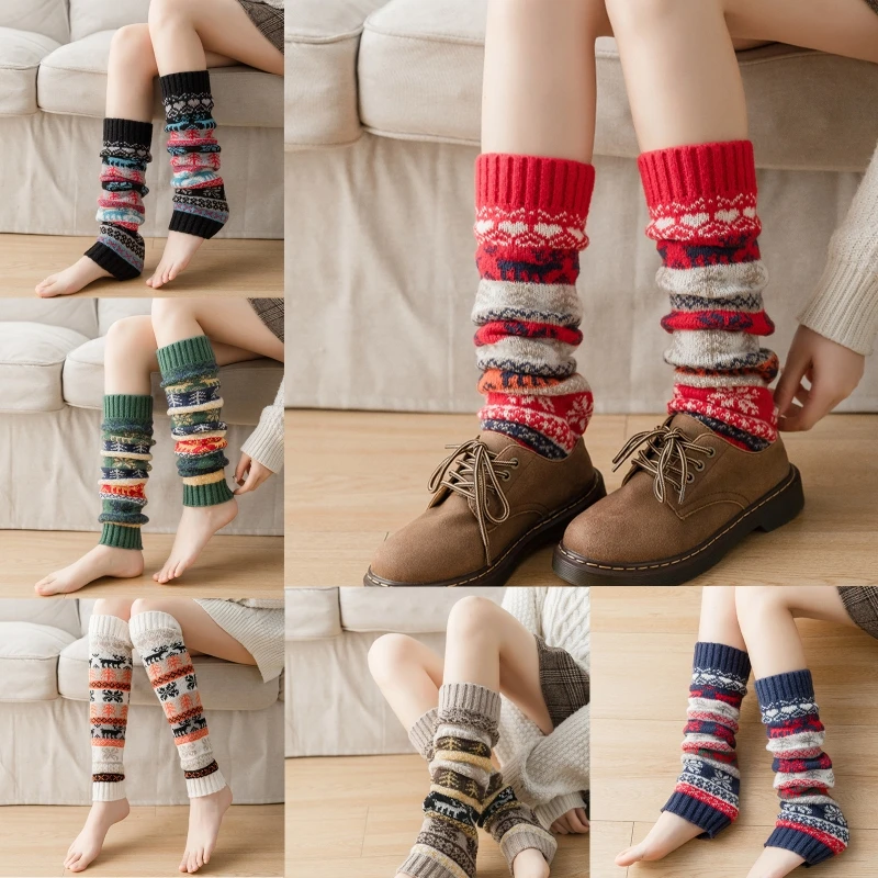 

Women Winter Christmas Leg Warmers Snowflake Reindeer Knit Warm Knee High Socks drop shipping