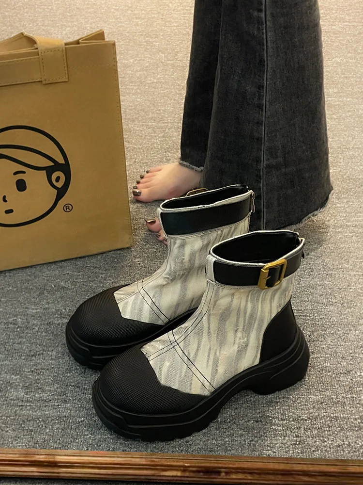 

Flat Heel Zipper Shoes Round Toe Lady Boots Boots-Women 2023 Rock Autumn Ankle Cowboy Lolita Med Retro PU PVC Cross-tied Fabric