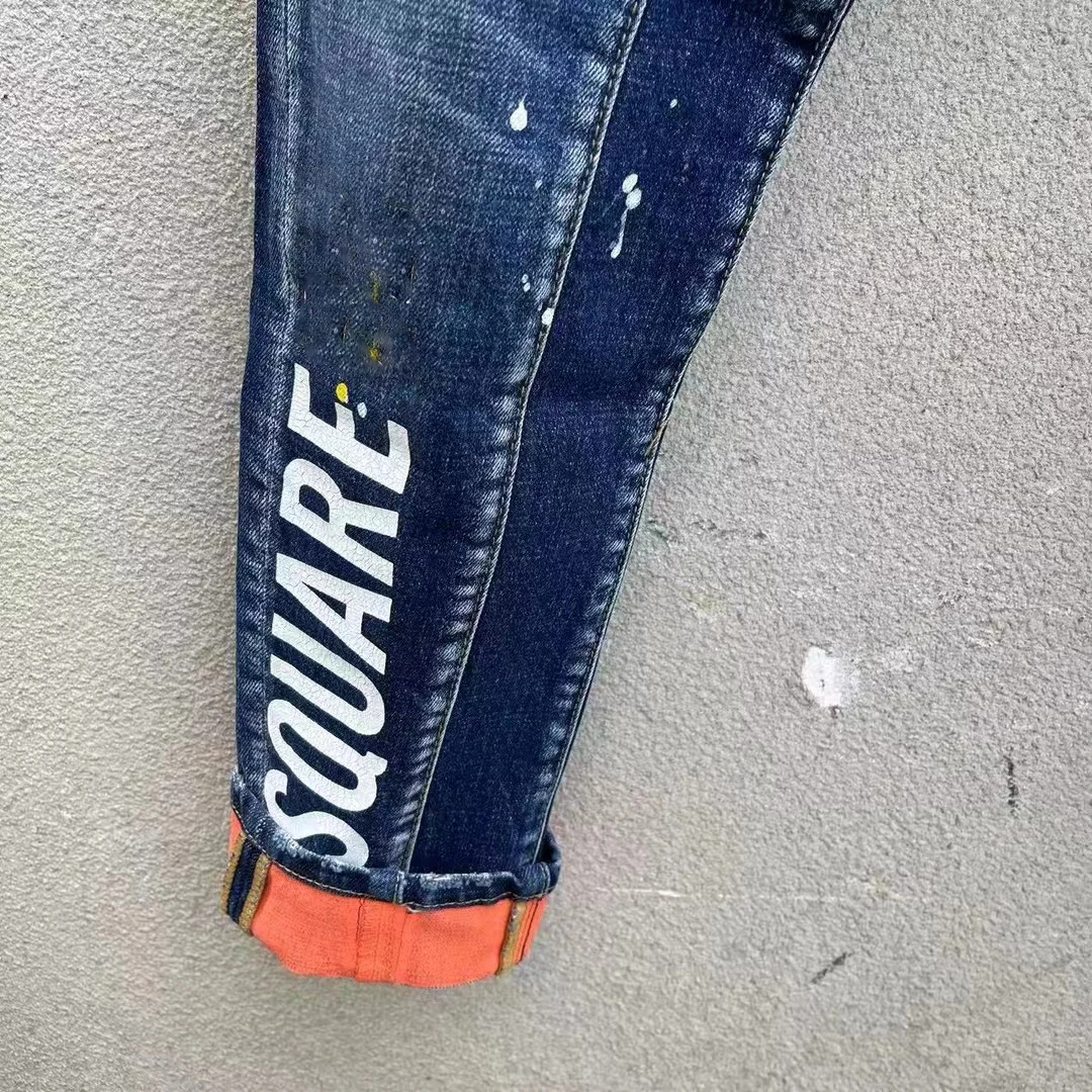 2023 Spring and Autumn New  Fashion Men's Wash Blue Slim Fit Worn Hole Patch Slim Fit Straight Barrel Jeans Men