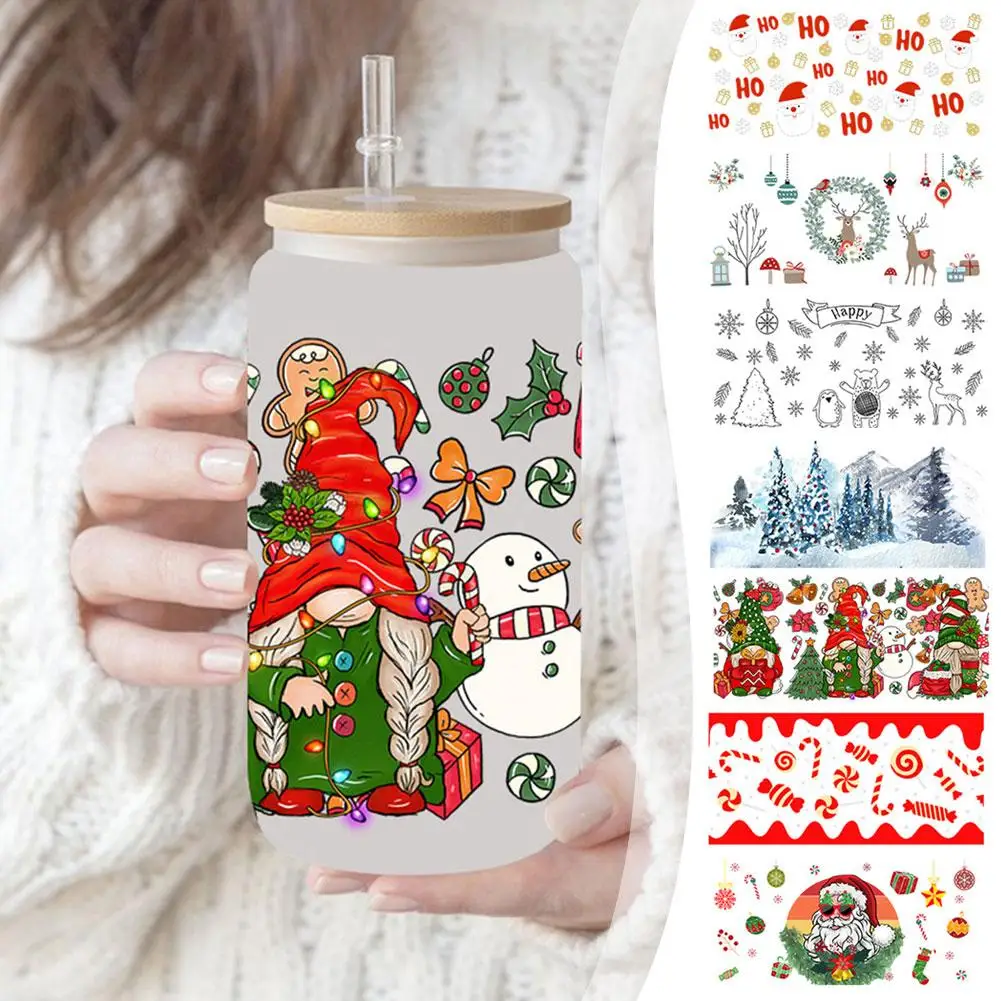 

Cute Cartoon Design Christmas 3D UV DTF Cup Wrap Transfers Wrap Waterproof Durable Logo 16oz Labels Glass Stickers L1K2