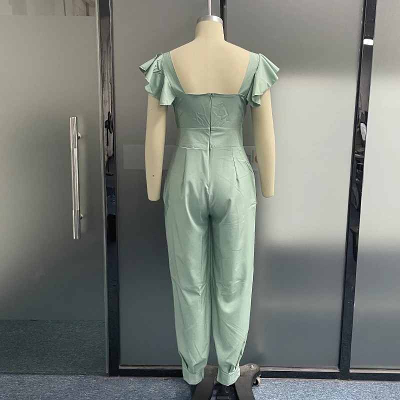 LIYONG Women Jumpsuit Summer Fashion Round Neck Short Sleeve Solid Cutout Casual With Pockets Loose Pants Romper High Streetwear