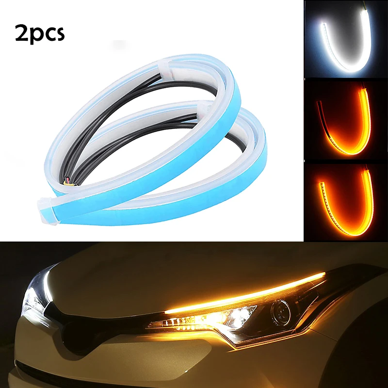 

2pcs LED DRL Car Daytime Running Light Flexible Waterproof Strip Auto Headlights White Turn Signal Yellow Brake Flow Lights 12V