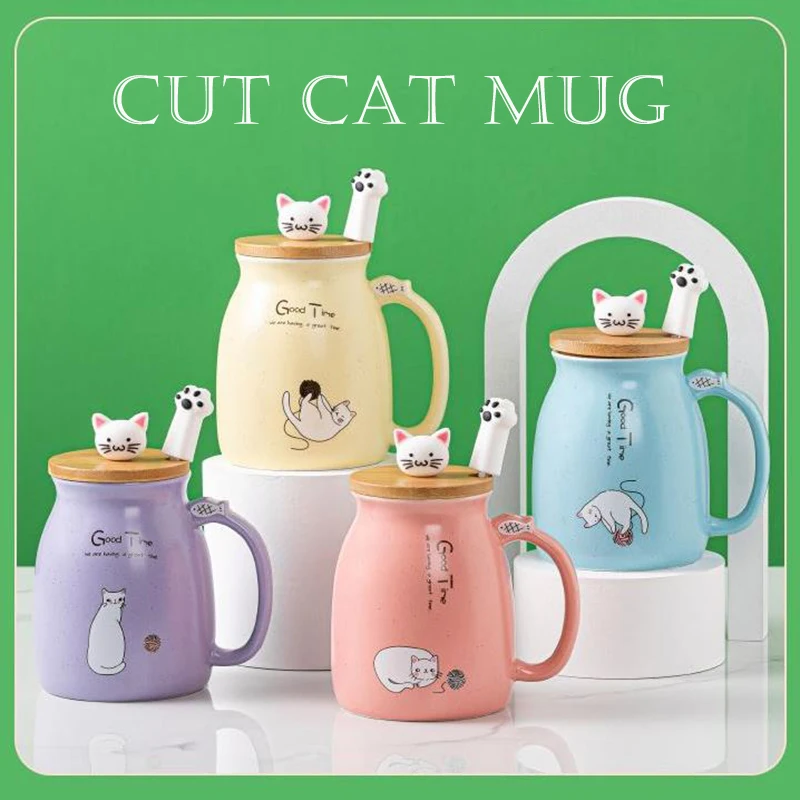 450ml New Cartoon Ceramic Cute Cat Cup with Lid and Spoon Coffee Cup gift box Home Milk Tea Cup Breakfast Cup Drink Novelty Gift