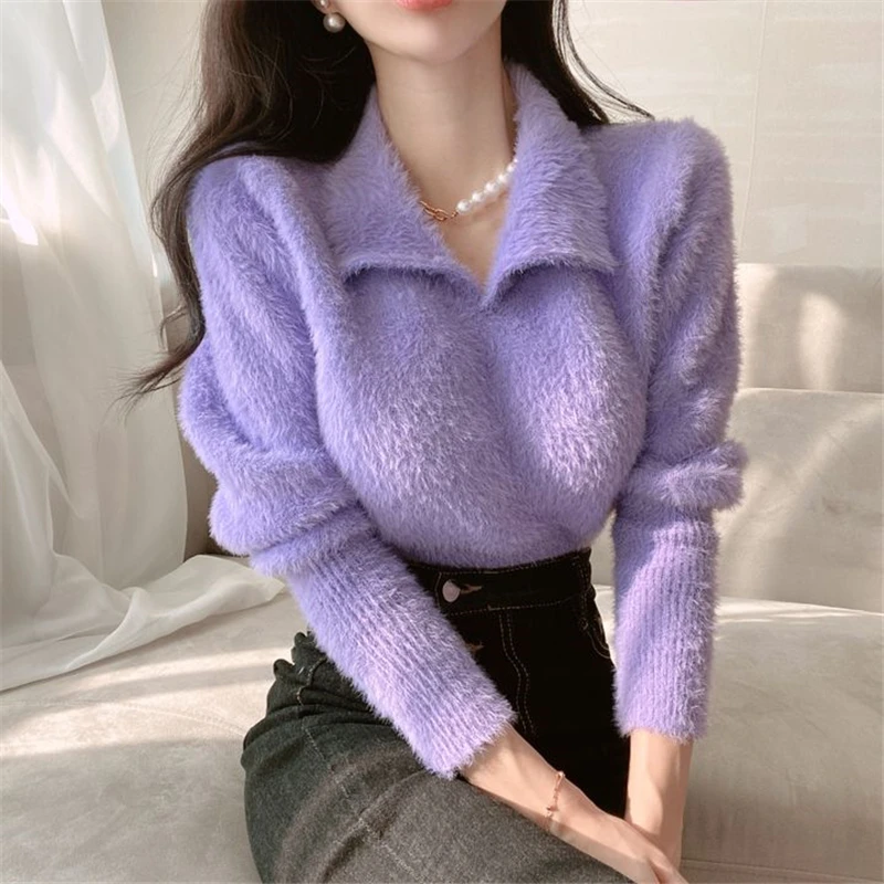

Fake Mink Cashmere Sweater Women Pullover New 2022 Autumn Winter Korean Fashion Chic Long Sleeve Short Knitted Tops Jumper Mujer