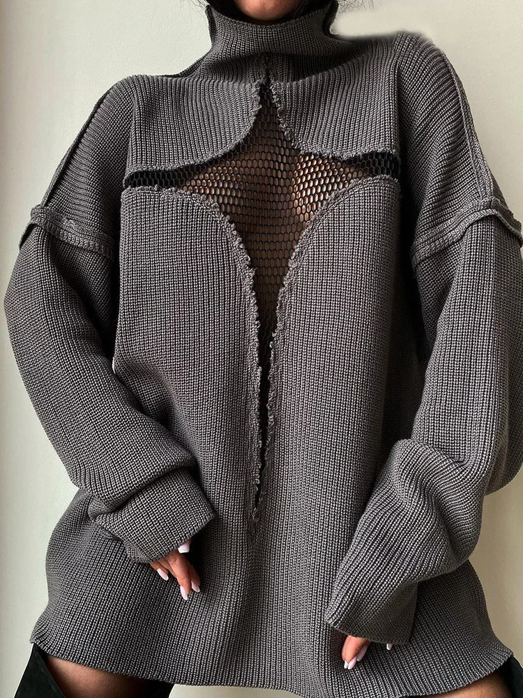 Женский вязаный свитер с длинным рукавом, Свободный пуловер с вырезами и высоким воротником, однотонный винтажный сетчатый теплый джемпер большого размера для зимы