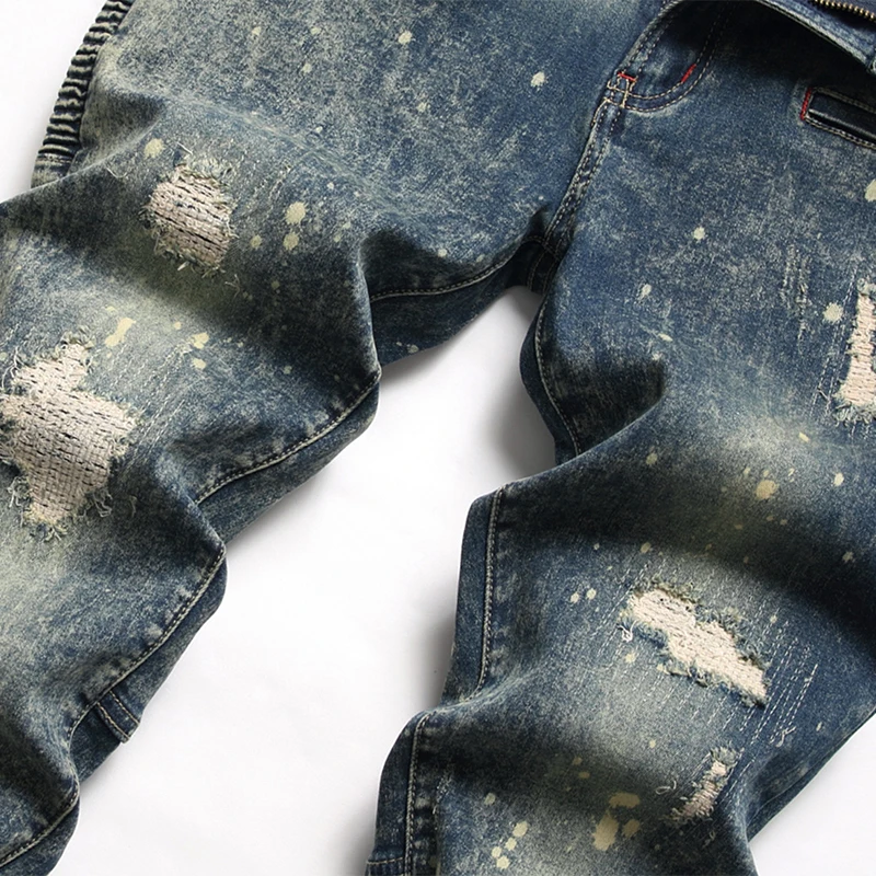Fashion New Biker Jeans Men's Vintage Distressed Stretch Ripped Trousers Hip Hop Slim Holes Punk Denim Pants Jeans for Men