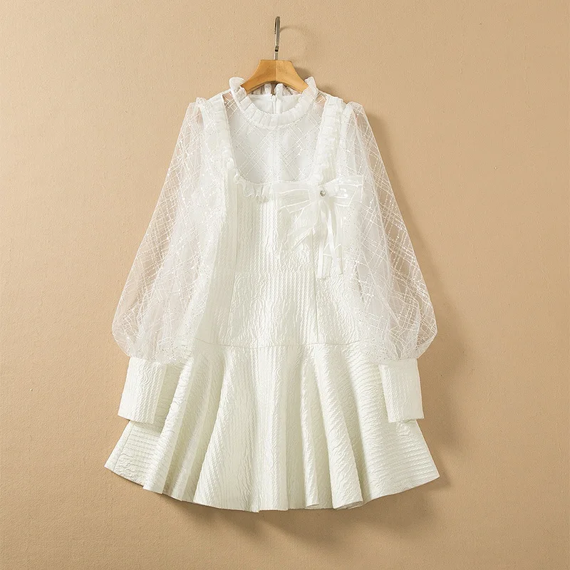 

Корейский стиль Весна 2022 Новинка Двухслойное Сетчатое строченное высококачественное белое платье принцессы с длинными рукавами-фонариками