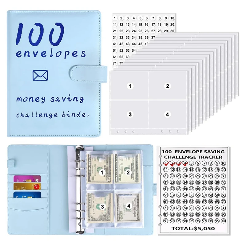 

100 Envelopes Money Savings Challenges Book,Storage Budgeting Binder Budget Book Cash Saving Challenge Kit(Blue) Easy Install