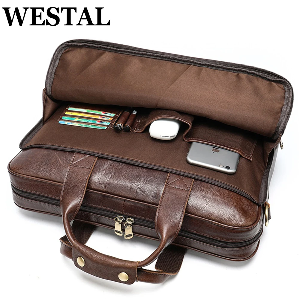 WESTAL Men's Leather Bag Office Messenger Briefcase Man Genuine Leather 15.6"Laptop Bags Male Handbags Crossbody 14 Computer Bag
