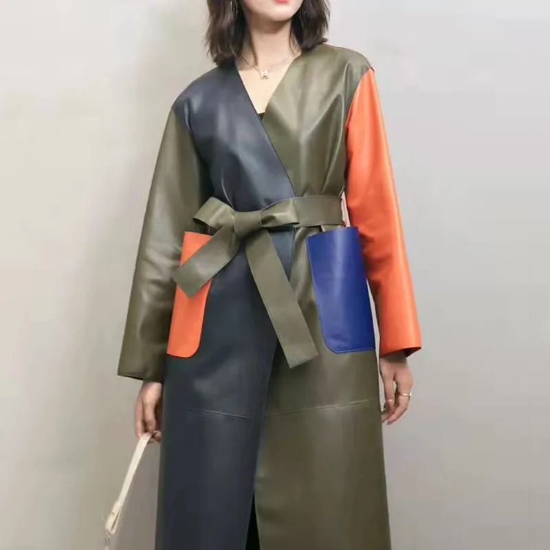 

Colorfur Stitching Coat Spring Women X-Long Outerwear WIth Belt High Quality Genuine Leather Jacket V-Neck Collar Female clothes
