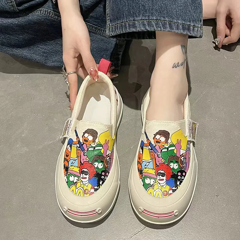 SENDNAKAI Women's Korean Edition Graffiti Canvas Shallow Mouth Single Shoes Round Toe Fish Mouth Sports Casual Shoes Breathable