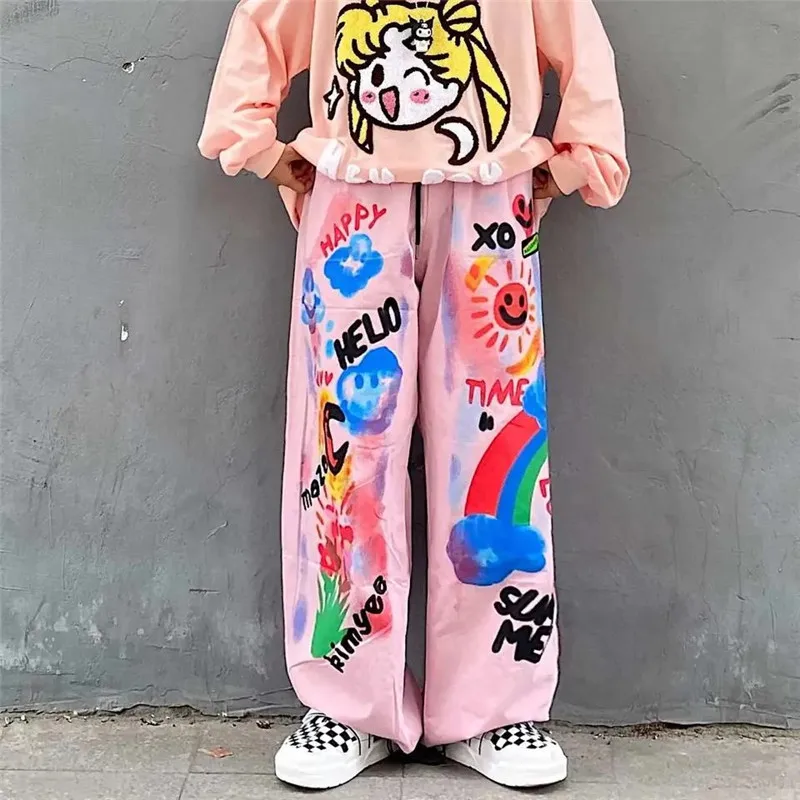 

Wide Leg Pants Women Graffiti Design Oversized Leisure All-match High Waist Straight Trousers Harajuku Ins Female Y2K Streetwear