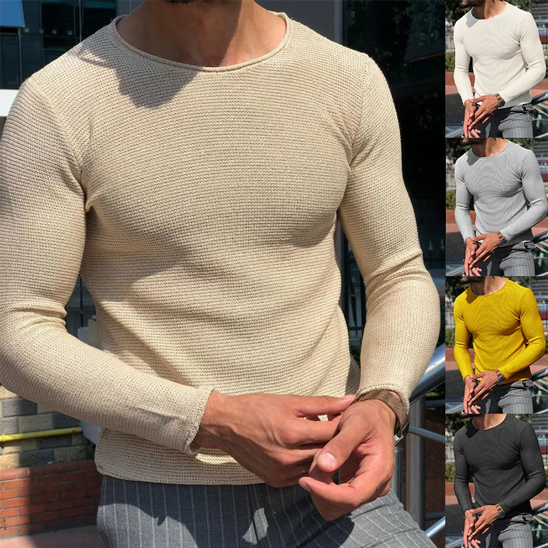 

Fashionable men's casual crewneck sweater solid color long-sleeved knitted pullover