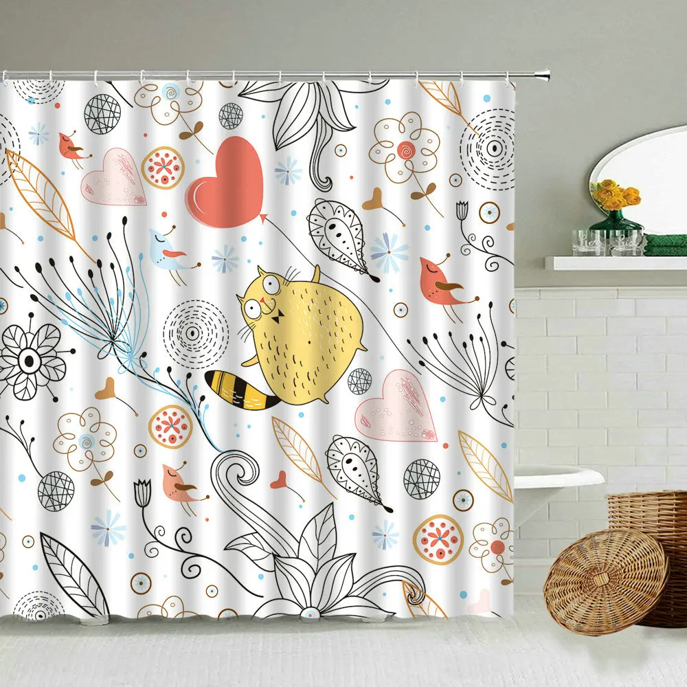 Занавеска для душа с мультяшными животными ручной росписи кошка птица кролик